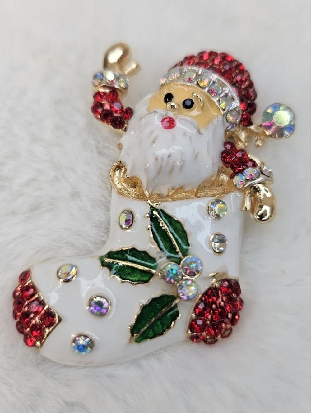 Festive Santa in Stocking Brooch - Red, White, Green